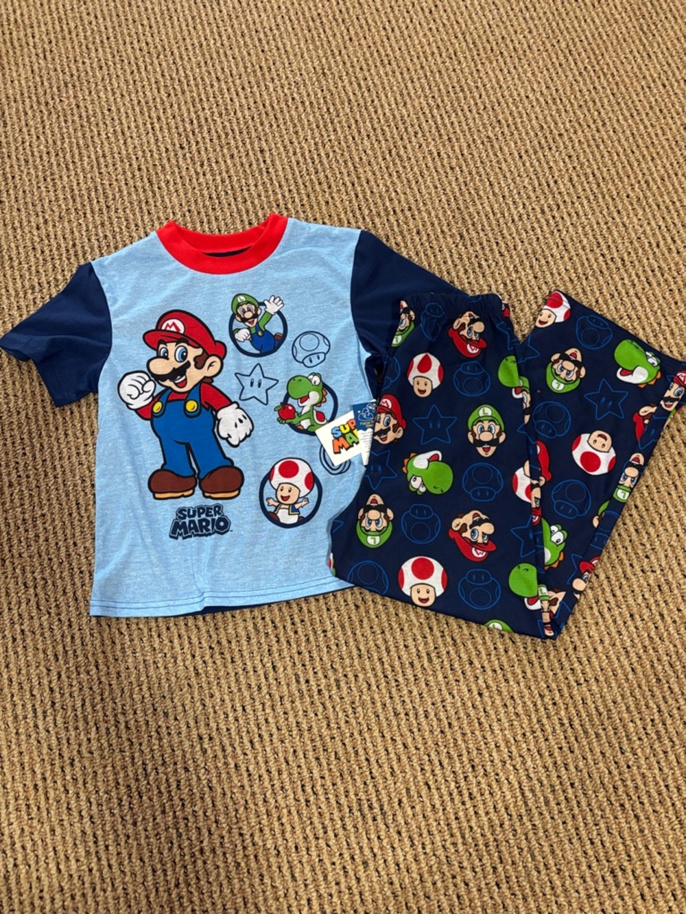Nintendo Light Blue & Navy Super Mario Kids Pajama Set with Red Collar